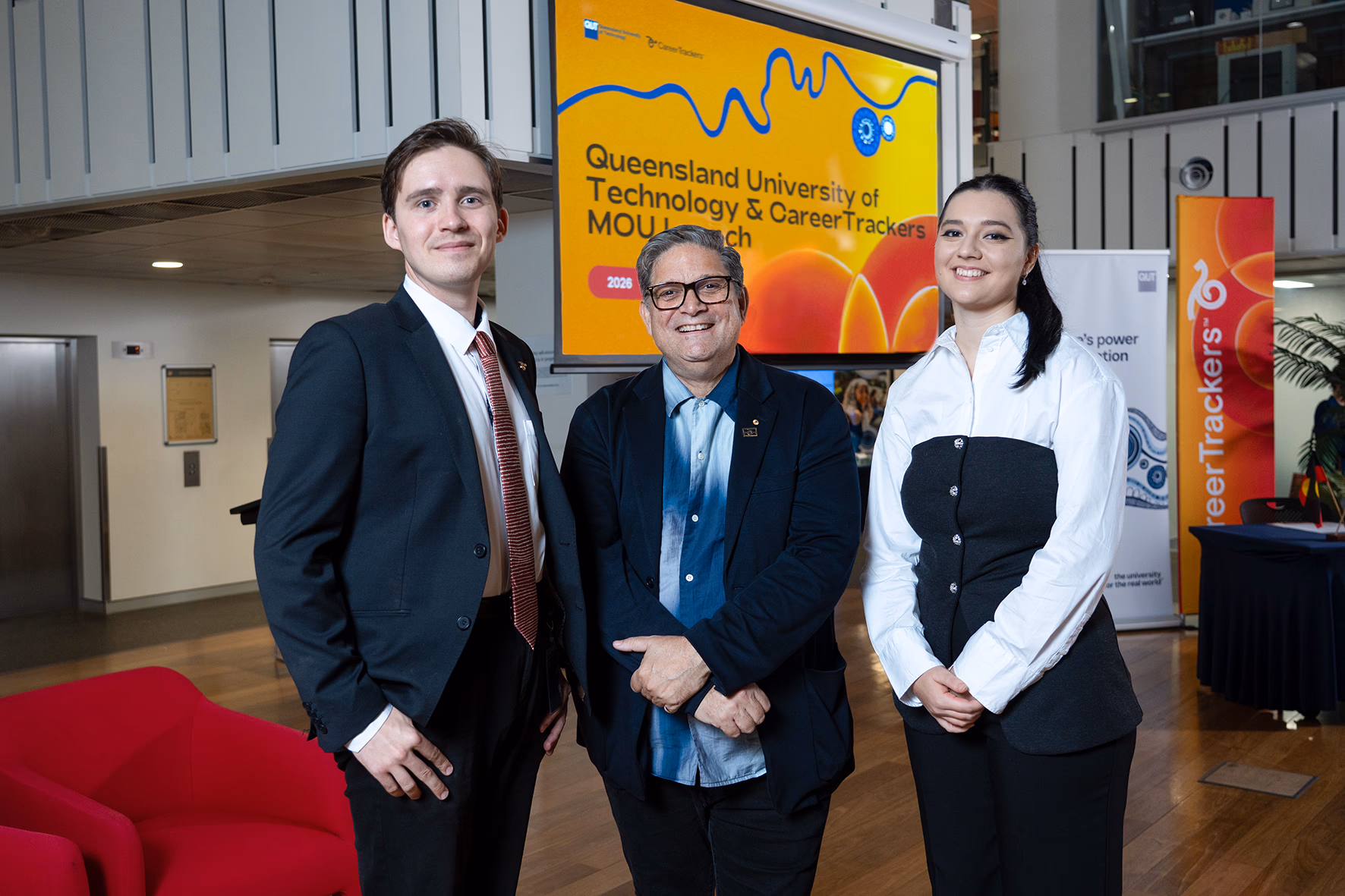 Robert Wolski, Paige Thomas and Professor Wesley Enoch at QUT
